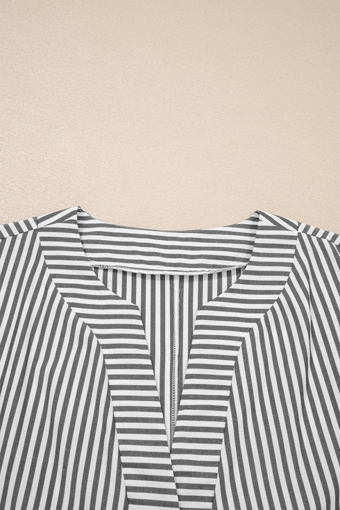 Stripe Print V Neck Roll Tab Dolman Sleeve Blouse