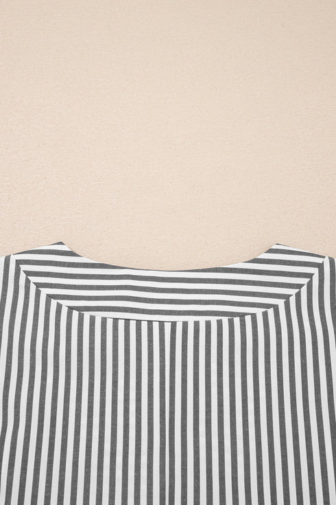 Stripe Print V Neck Roll Tab Dolman Sleeve Blouse