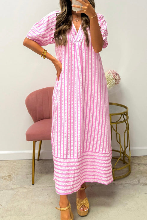 Stripe Print V Neck Short Sleeve Shift Maxi Dress