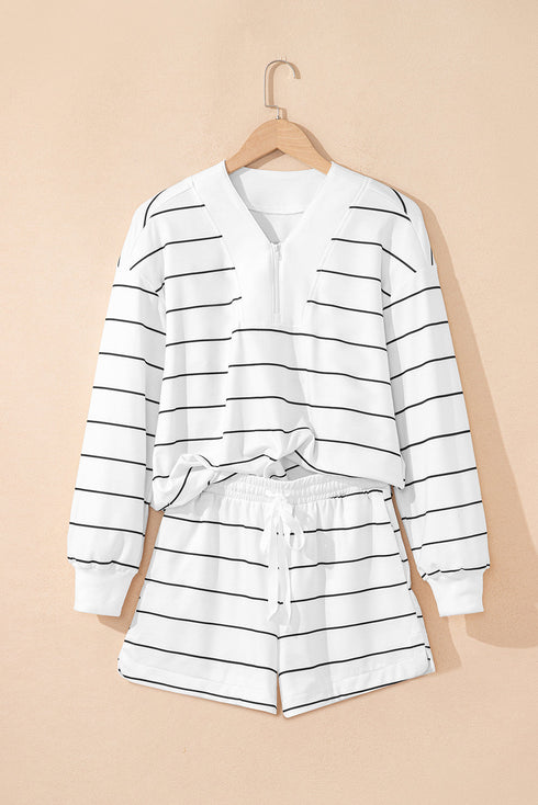 Stripe Print Zip Up Drop Shoulder Pullover Short Set