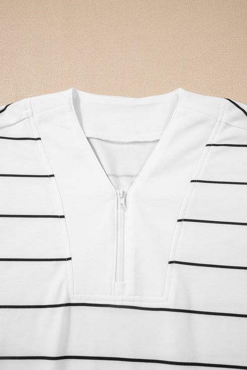 Stripe Print Zip Up Drop Shoulder Pullover Short Set