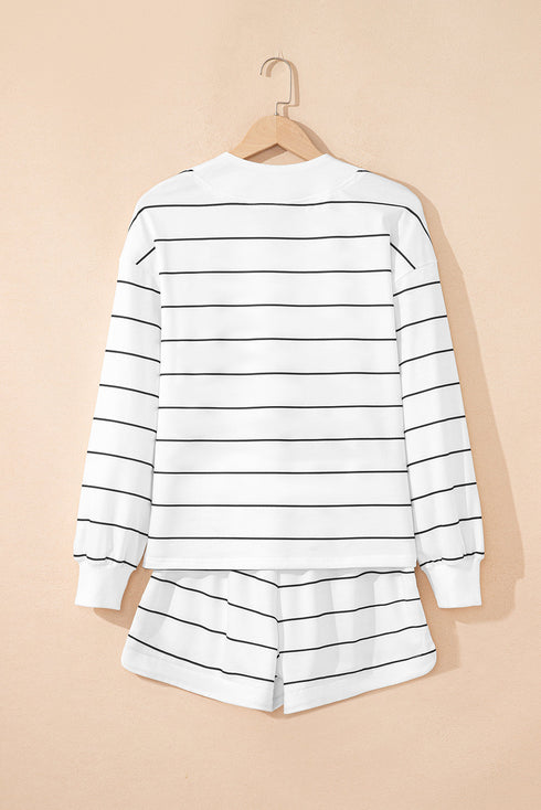 Stripe Print Zip Up Drop Shoulder Pullover Short Set