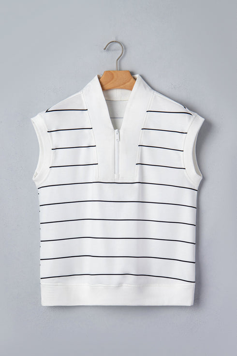 Stripe Print Zip V Neck Sleeveless Tank Top