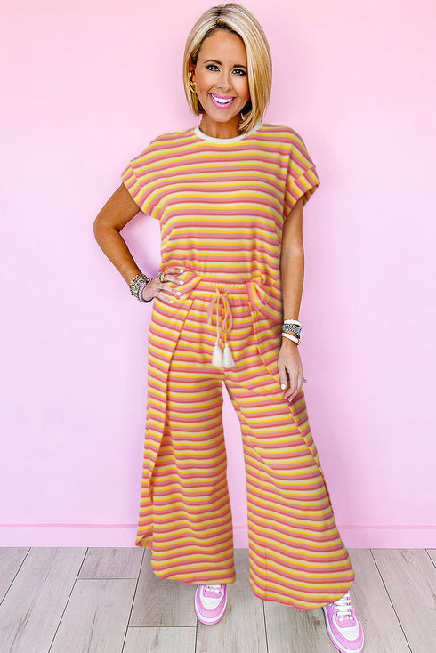 Stripe Rainbow Tee Tasseled String Wide Leg Pants Set