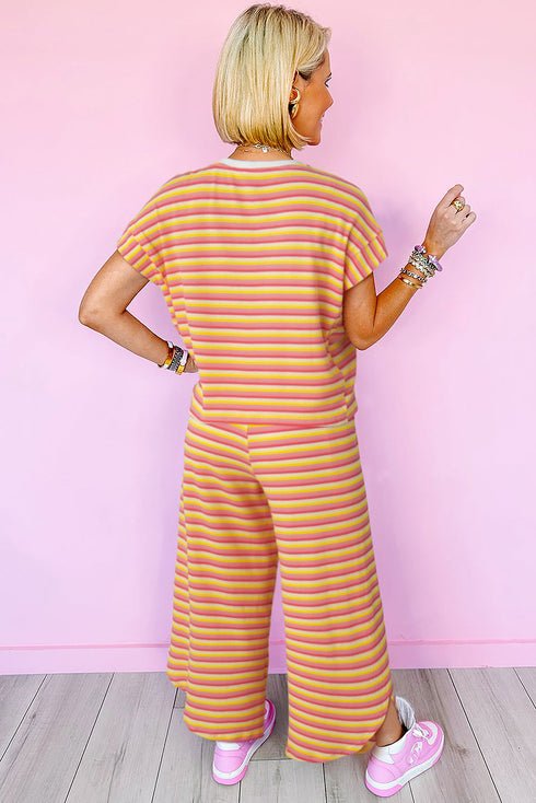 Stripe Rainbow Tee Tasseled String Wide Leg Pants Set