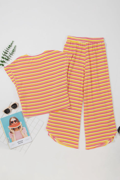 Stripe Rainbow Tee Tasseled String Wide Leg Pants Set