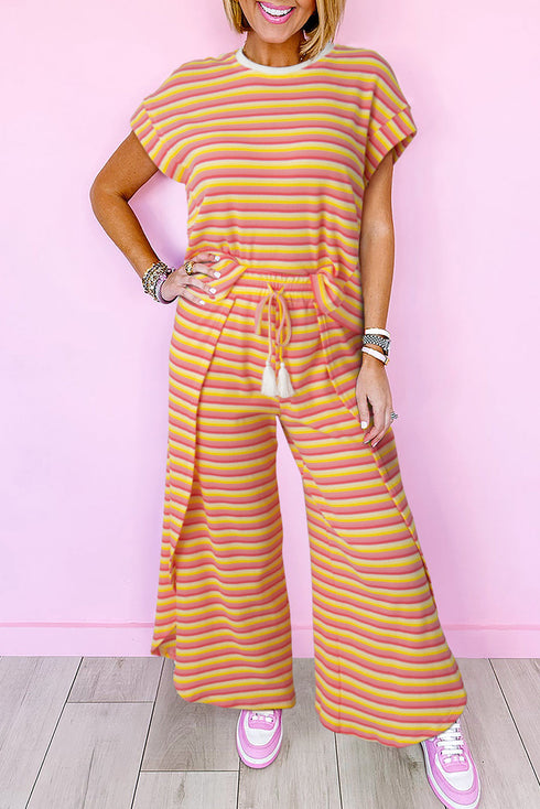 Stripe Rainbow Tee Tasseled String Wide Leg Pants Set