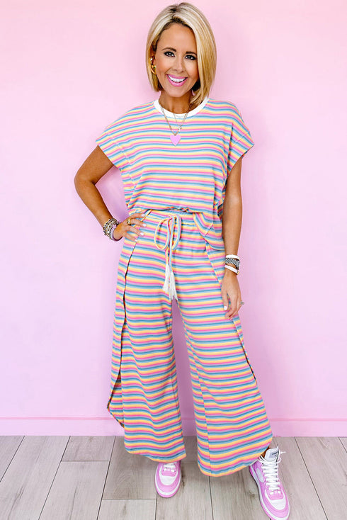 Stripe Rainbow Tee Tasseled String Wide Leg Pants Set