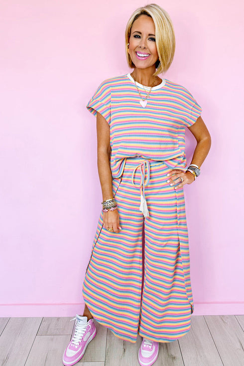 Stripe Rainbow Tee Tasseled String Wide Leg Pants Set