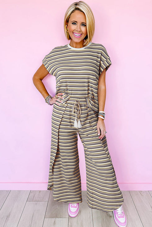 Stripe Rainbow Tee Tasseled String Wide Leg Pants Set