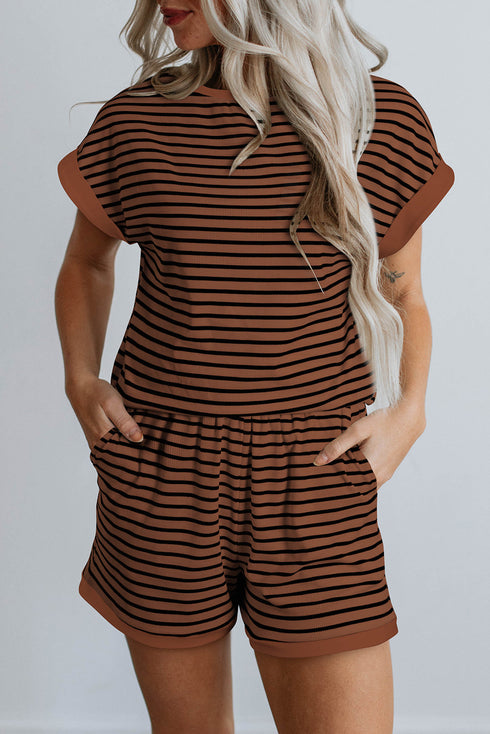 Stripe Ribbed Dolman Tee Elastic Waist Short Set
