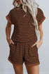 Stripe Ribbed Dolman Tee Elastic Waist Short Set