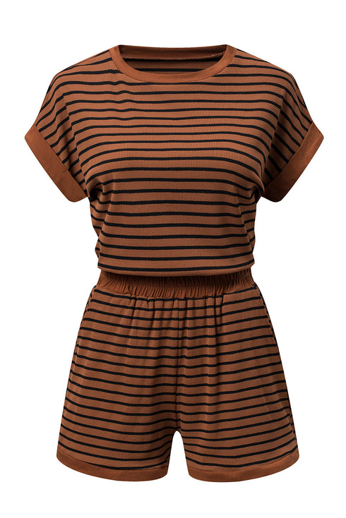 Stripe Ribbed Dolman Tee Elastic Waist Short Set