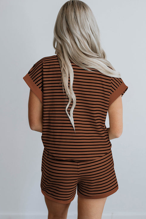 Stripe Ribbed Dolman Tee Elastic Waist Short Set