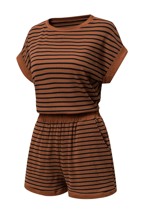 Stripe Ribbed Dolman Tee Elastic Waist Short Set