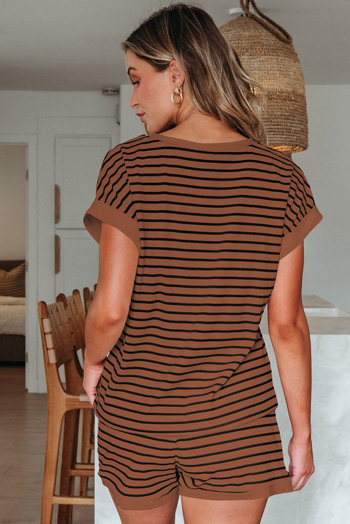 Stripe Ribbed Dolman Tee Elastic Waist Short Set