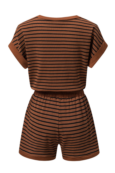 Stripe Ribbed Dolman Tee Elastic Waist Short Set