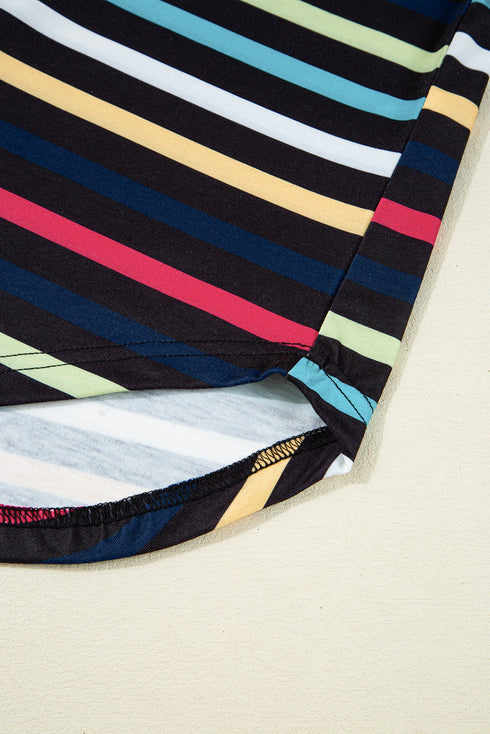 Stripe Ribbed Knit Contrast Trim Short Sleeve Tee