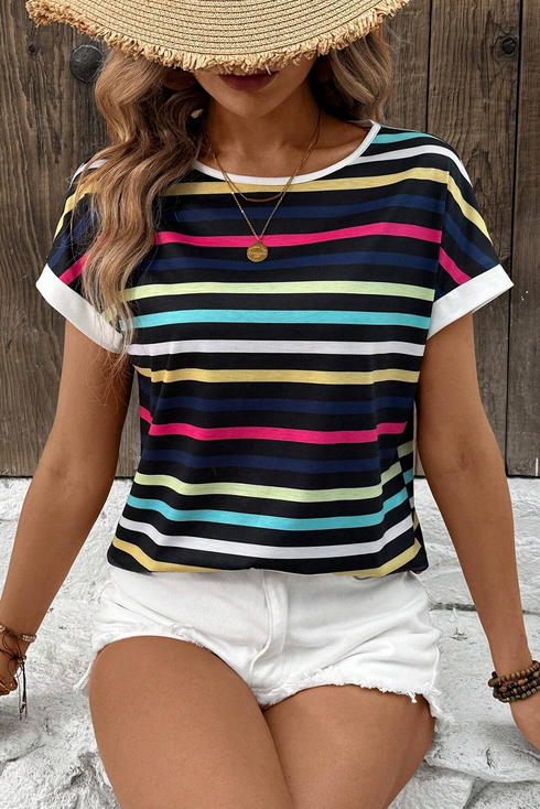 Stripe Ribbed Knit Contrast Trim Short Sleeve Tee