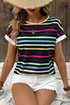Stripe Ribbed Knit Contrast Trim Short Sleeve Tee