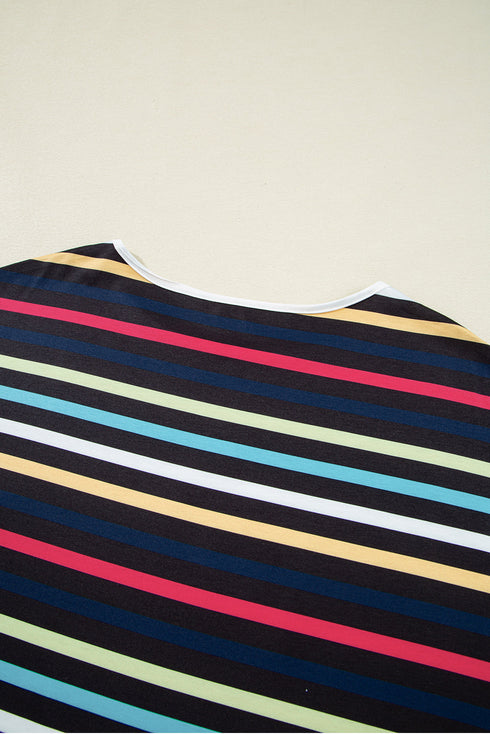 Stripe Ribbed Knit Contrast Trim Short Sleeve Tee