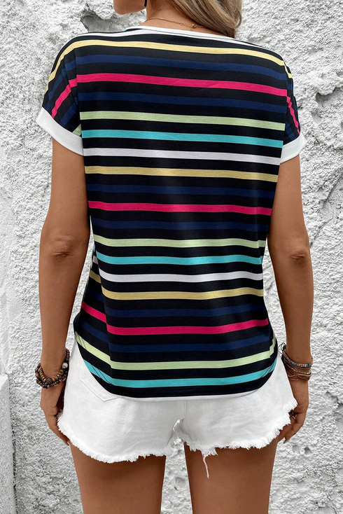 Stripe Ribbed Knit Contrast Trim Short Sleeve Tee