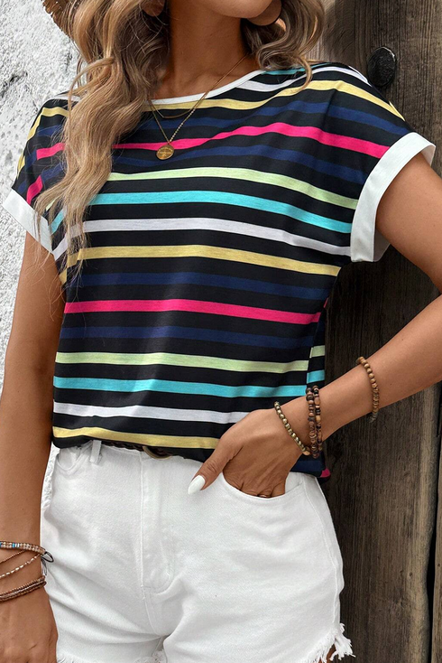 Stripe Ribbed Knit Contrast Trim Short Sleeve Tee