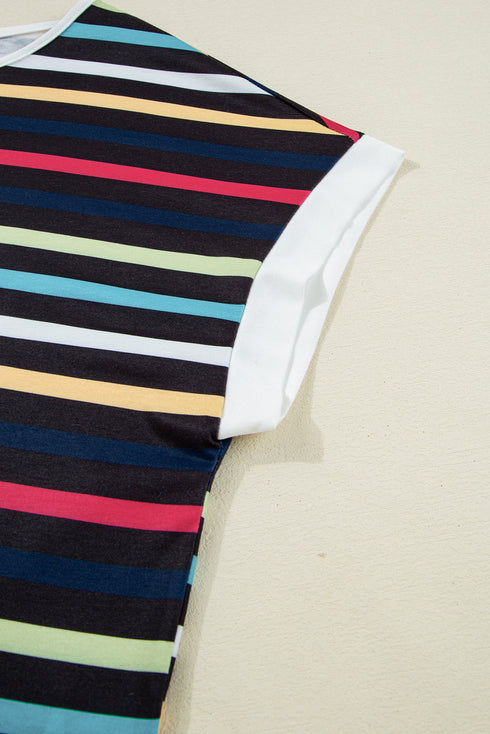 Stripe Ribbed Knit Contrast Trim Short Sleeve Tee
