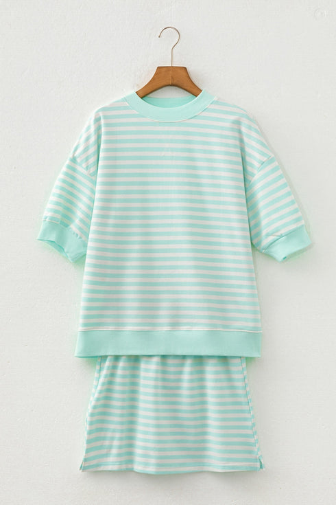 Stripe Ribbed Trim Half Sleeve Top Mini Skort 2Pcs Outfit Dress Set