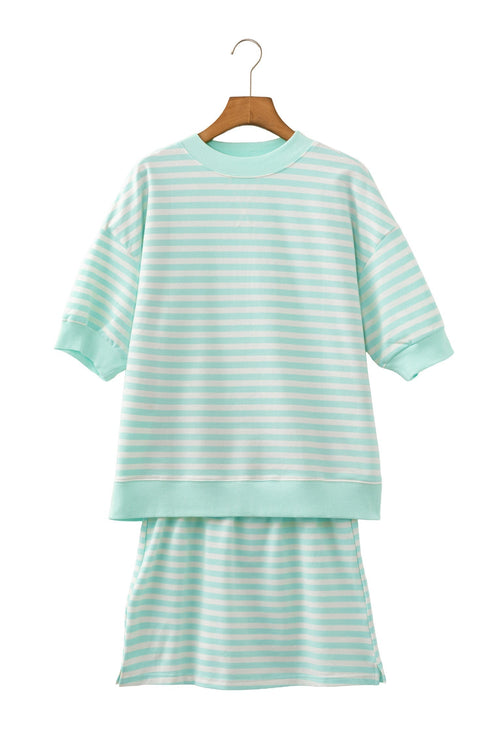 Stripe Ribbed Trim Half Sleeve Top Mini Skort 2Pcs Outfit Dress Set