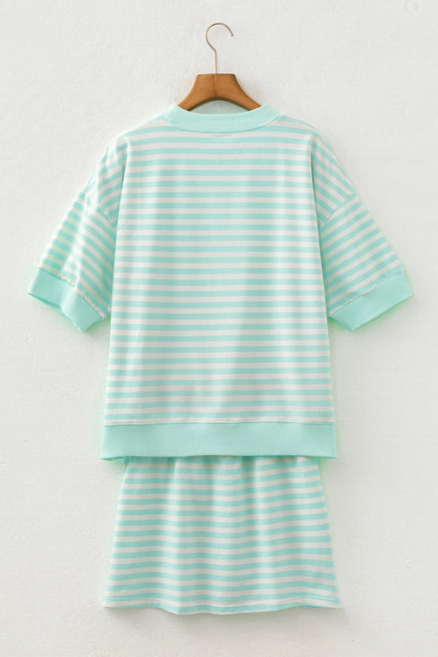 Stripe Ribbed Trim Half Sleeve Top Mini Skort 2Pcs Outfit Dress Set