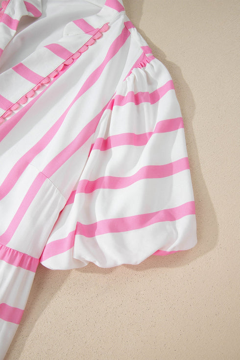 Stripe Rick Rack V Neck Puff Sleeve Tiered Maxi Dress