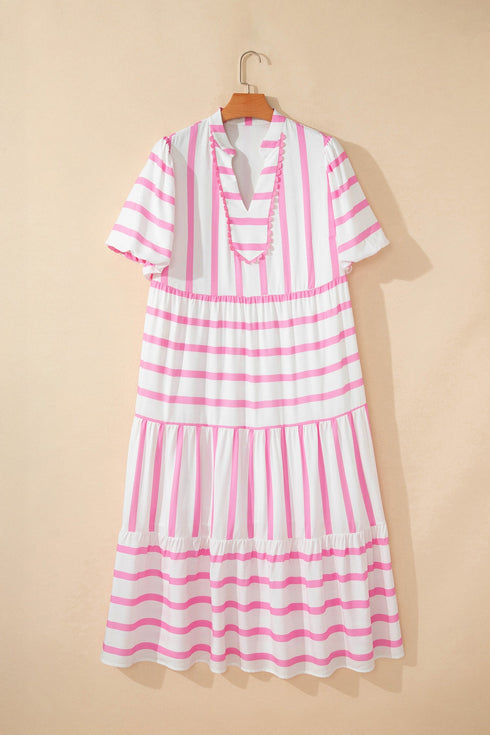 Stripe Rick Rack V Neck Puff Sleeve Tiered Maxi Dress