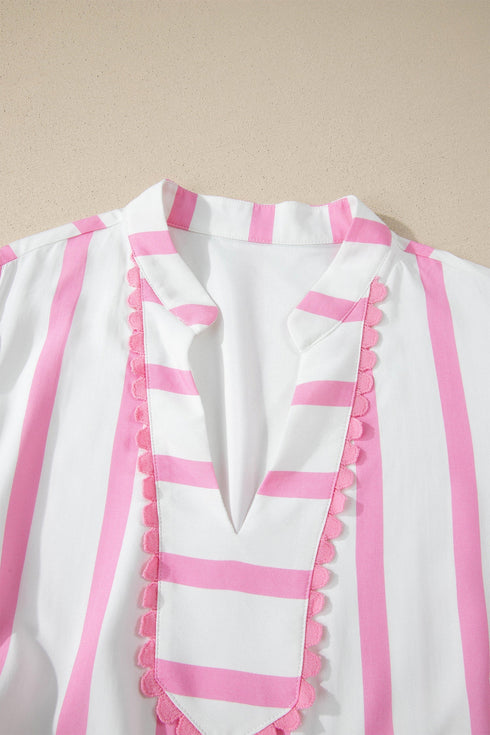 Stripe Rick Rack V Neck Puff Sleeve Tiered Maxi Dress