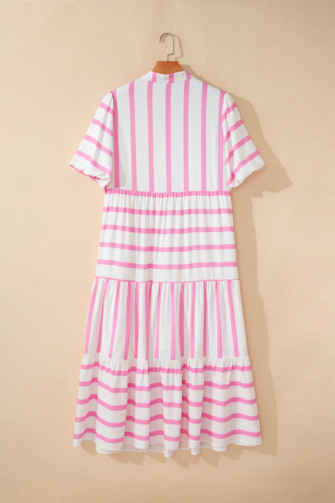 Stripe Rick Rack V Neck Puff Sleeve Tiered Maxi Dress