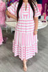 Stripe Rick Rack V Neck Puff Sleeve Tiered Maxi Dress