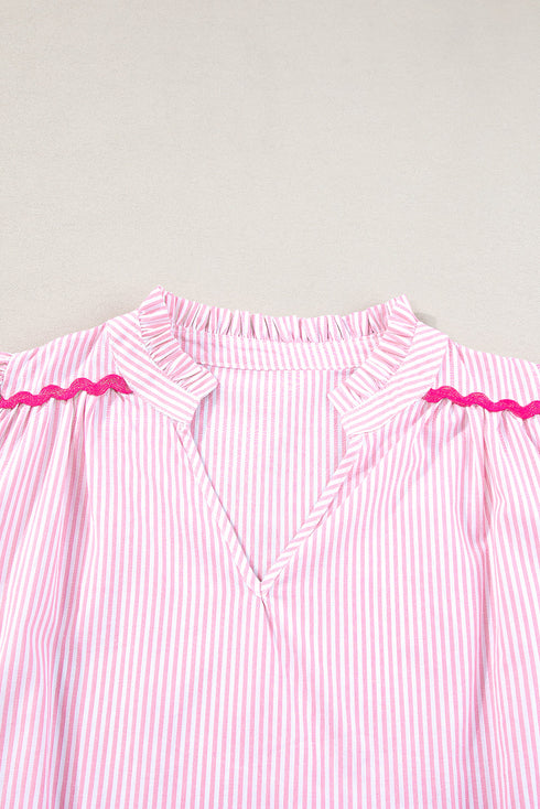 Stripe Ricrac Trim Split Neck Striped Ruffled Sleeve Blouse