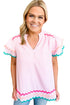 Stripe Ricrac Trim Split Neck Striped Ruffled Sleeve Blouse