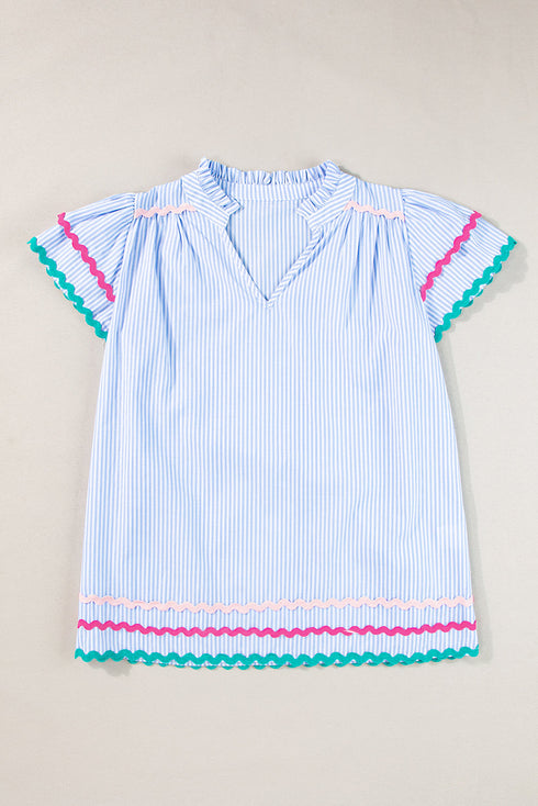 Stripe Ricrac Trim Split Neck Striped Ruffled Sleeve Blouse