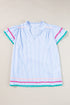 Stripe Ricrac Trim Split Neck Striped Ruffled Sleeve Blouse