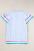 Stripe Ricrac Trim Split Neck Striped Ruffled Sleeve Blouse
