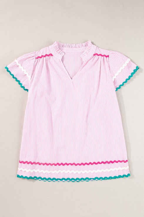 Stripe Ricrac Trim Split Neck Striped Ruffled Sleeve Blouse