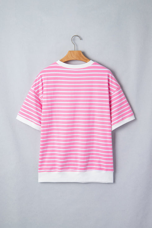 Stripe Round Neck Drop Shoulder Short Sleeve Loose Top