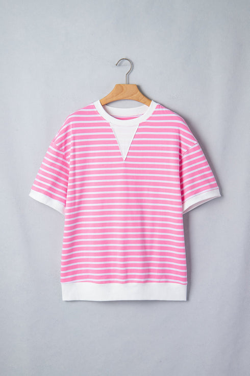 Stripe Round Neck Drop Shoulder Short Sleeve Loose Top