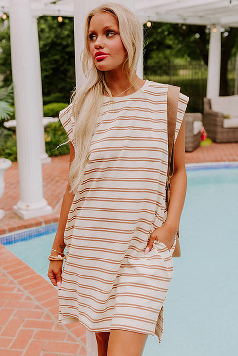 Stripe Round Neck Sleeveless Casual Pocketed Mini Dress