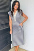 Stripe Ruffle Sleeve Contrast Trim Notched Neck Midi Dress