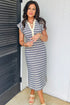 Stripe Ruffle Sleeve Contrast Trim Notched Neck Midi Dress