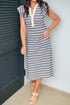 Stripe Ruffle Sleeve Contrast Trim Notched Neck Midi Dress