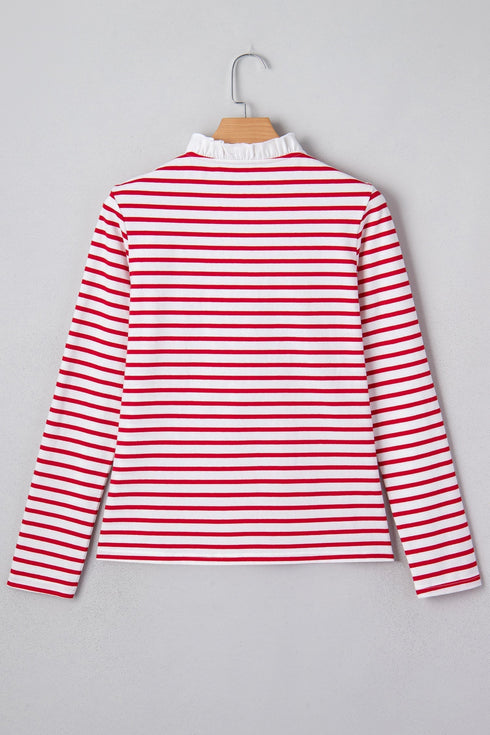 Stripe Ruffle Trim Half Button Stretch Cotton Top