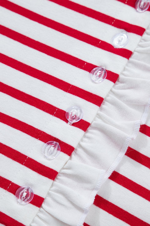 Stripe Ruffle Trim Half Button Stretch Cotton Top